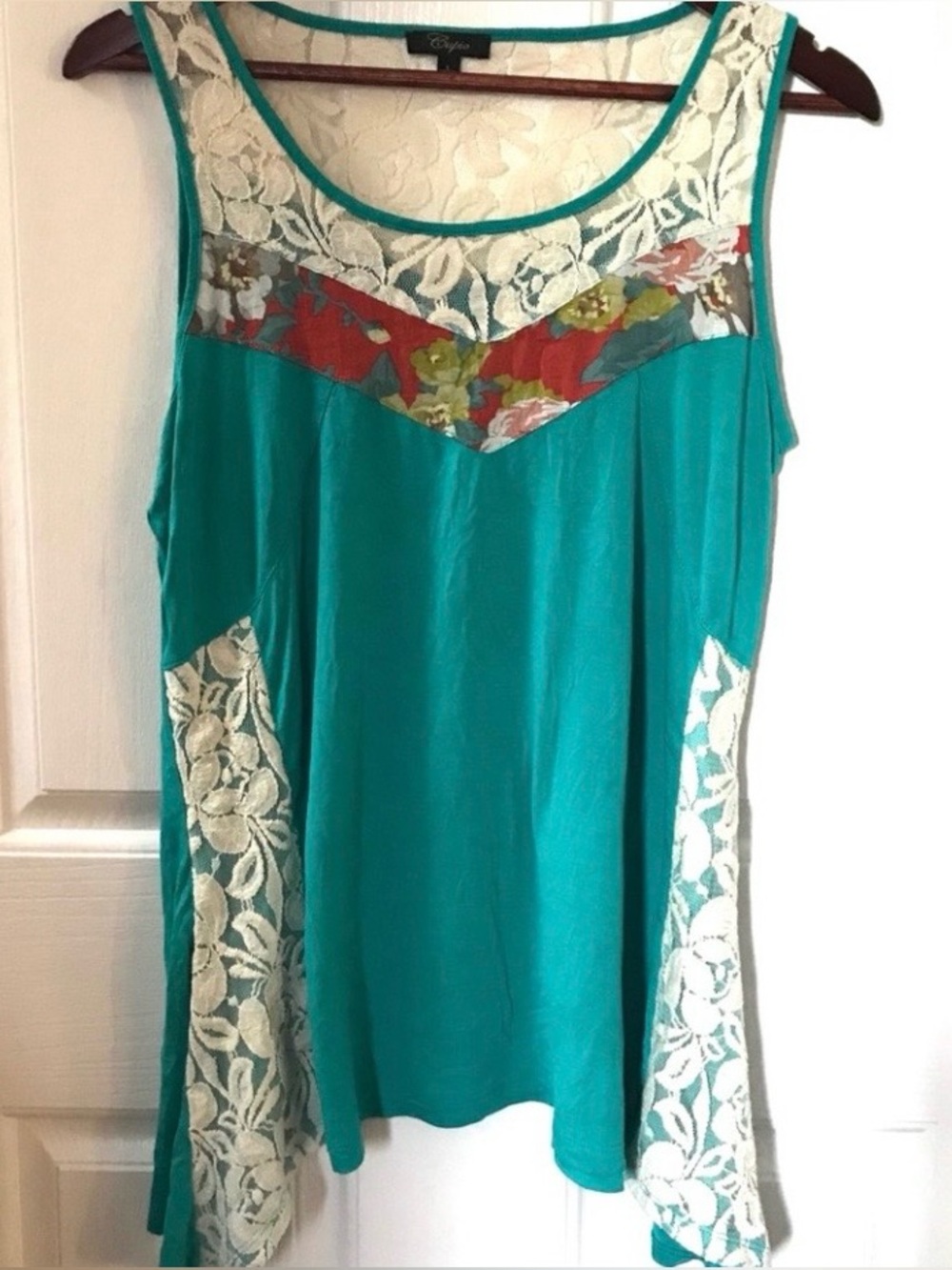 Cupio lace detail flowy teal tank top, size large